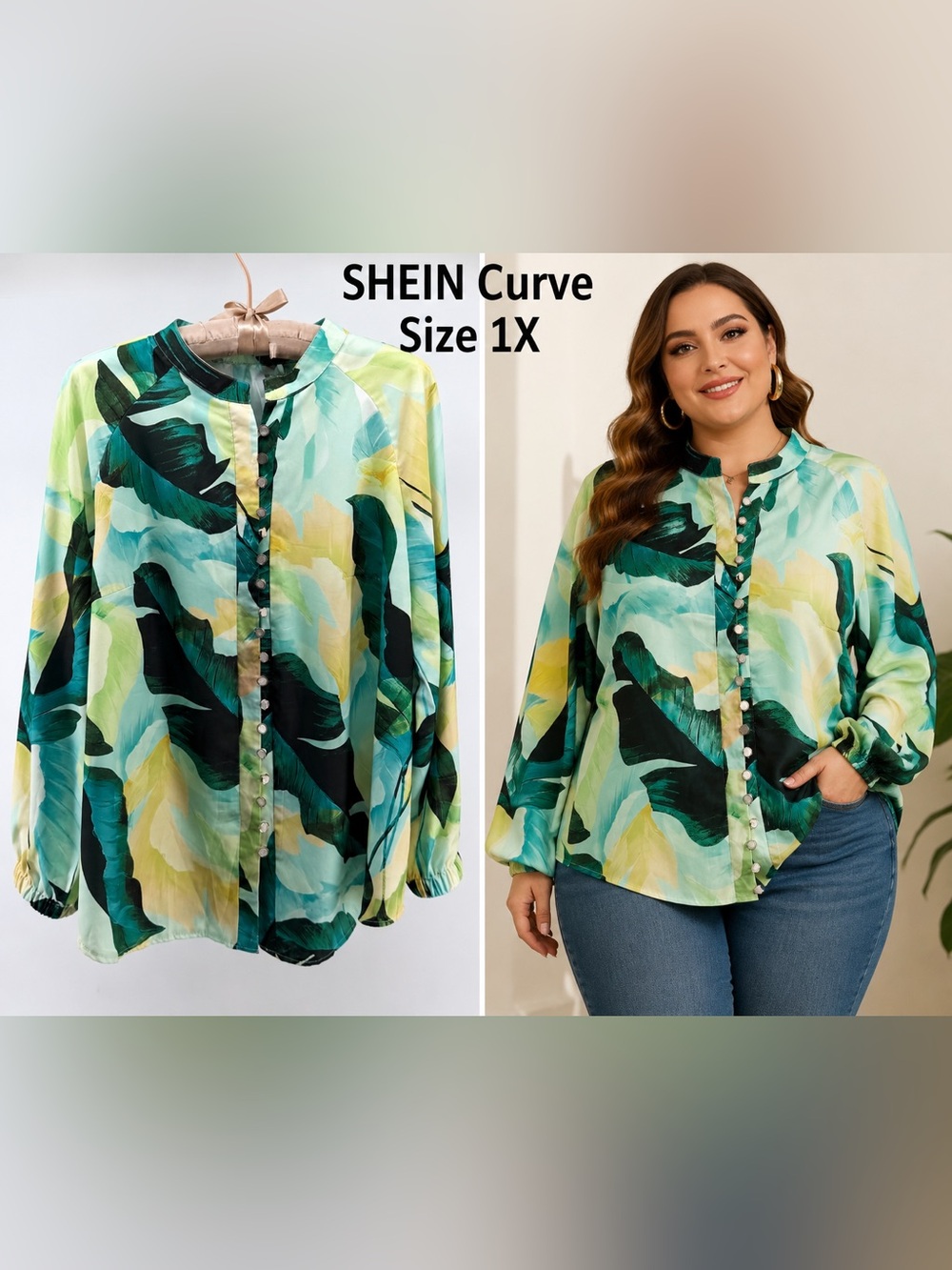 SHEIN Curve Women’s 1X Tropical Leaf Print Button Front Blouse Long Sleeve